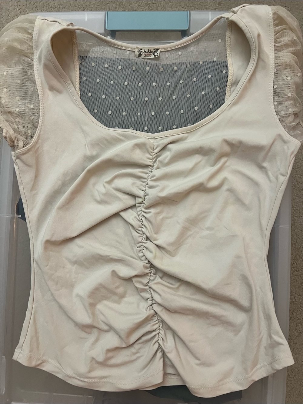 Free People Cream Ruched Front Top with Sheer Polka-Dot Sleeves